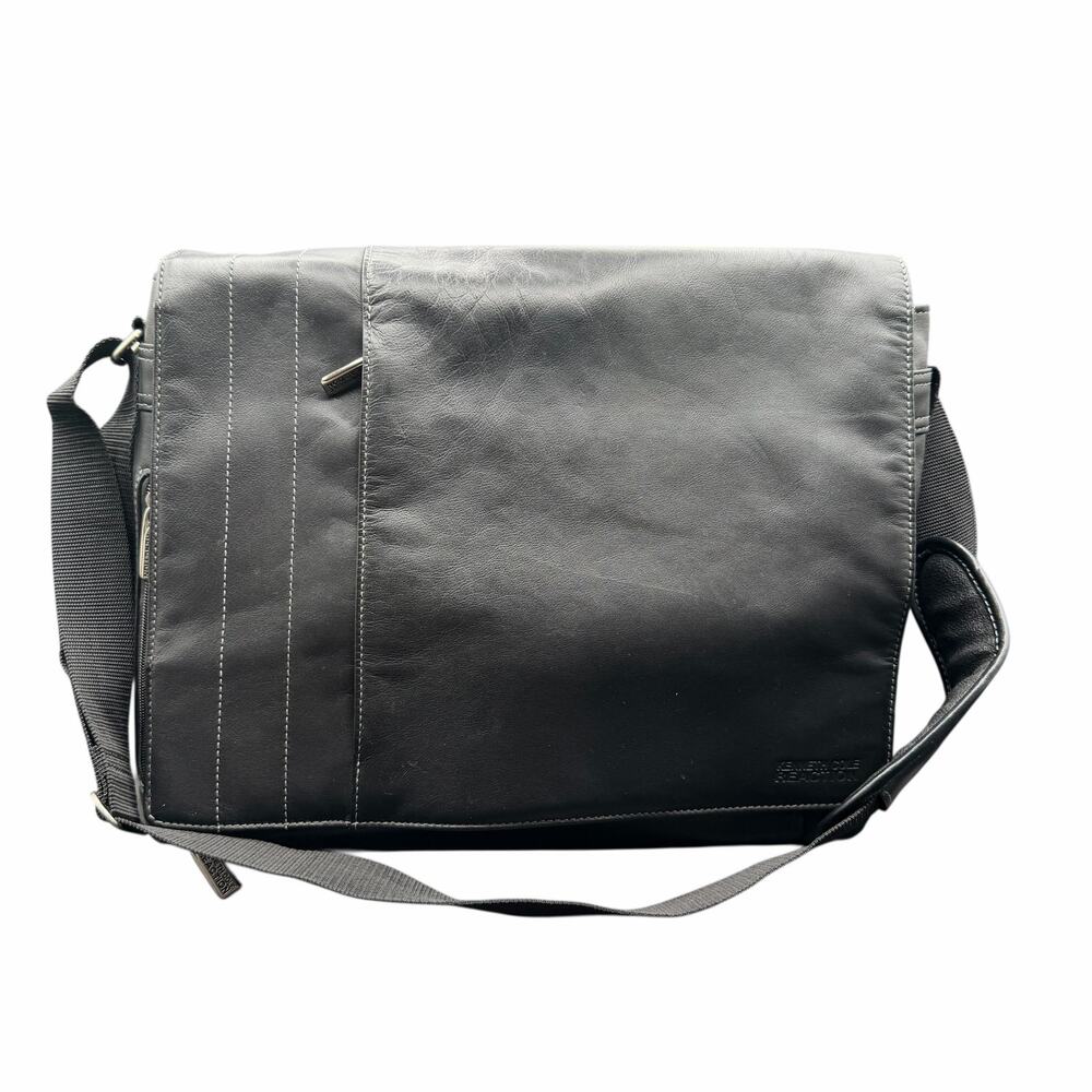 Kenneth Cole Reaction Black Leather Messenger Laptop Bag Crossbody